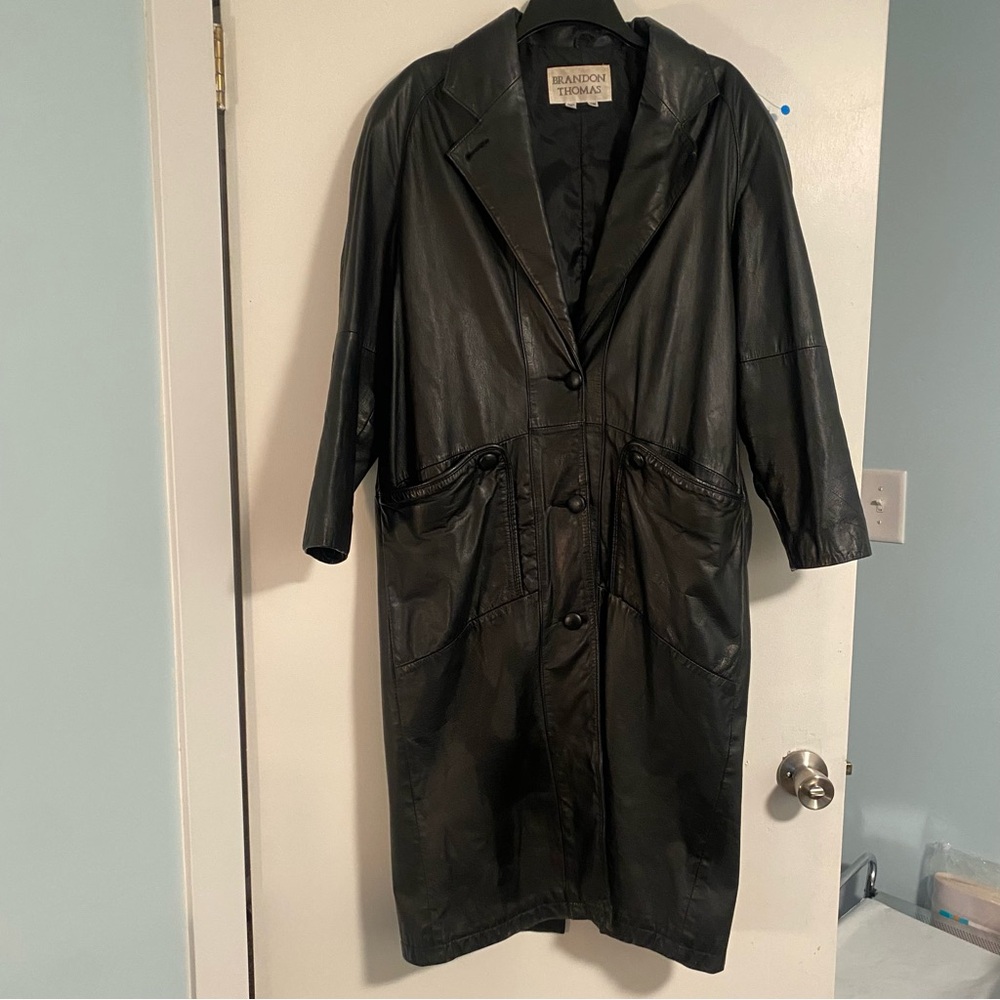 Vtg Brandon Thomas Black Trench Coat 100% Leather Jacket Moto Goth Grunge Indie